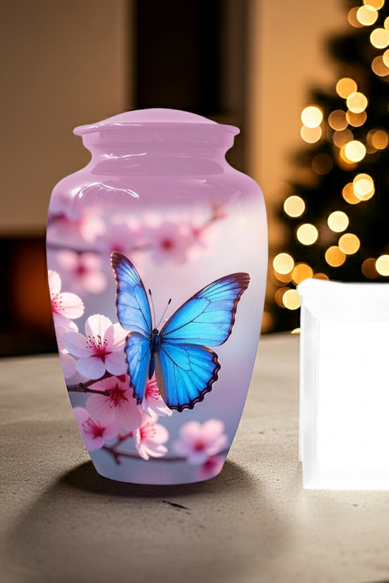 Blue Butterfly Urns For Human Ashes, Personalized Urn For Mom, Handcrafted Artistic Keepsake

